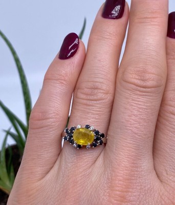 Saphir und schwarzer Spinell natürlicher Edelstein Ring, Silber 925, vergoldet, 8US