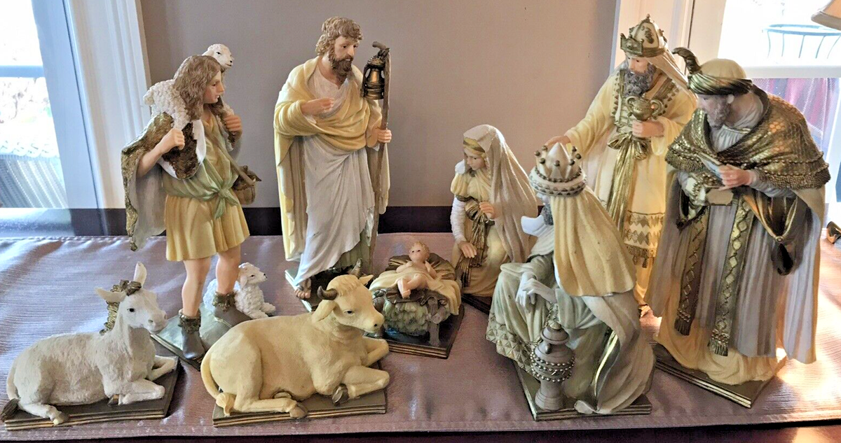 9-Piece Ivory & Gold Resin Nativity Holy Family Wise Men Shepherd