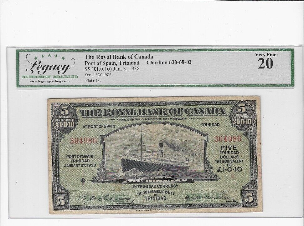 1938 Royal Bank; Trinidad $5 Cat# 630-68-02 SN# 304986 LEGACY VF