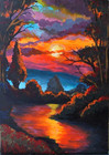 Painting Original Acrylic Sunset Signed Art Artwork by Artist 5.8×8.3