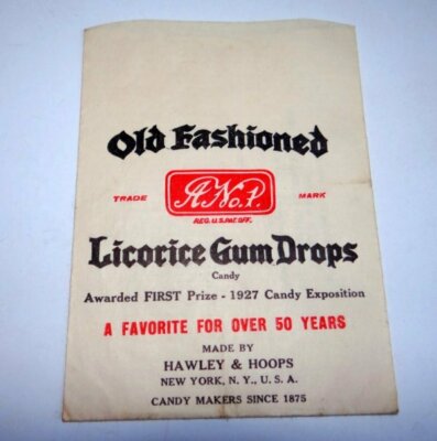 Hawley and Hoops Candy Bag Old Fashioned Licorice Gum Drops Unused