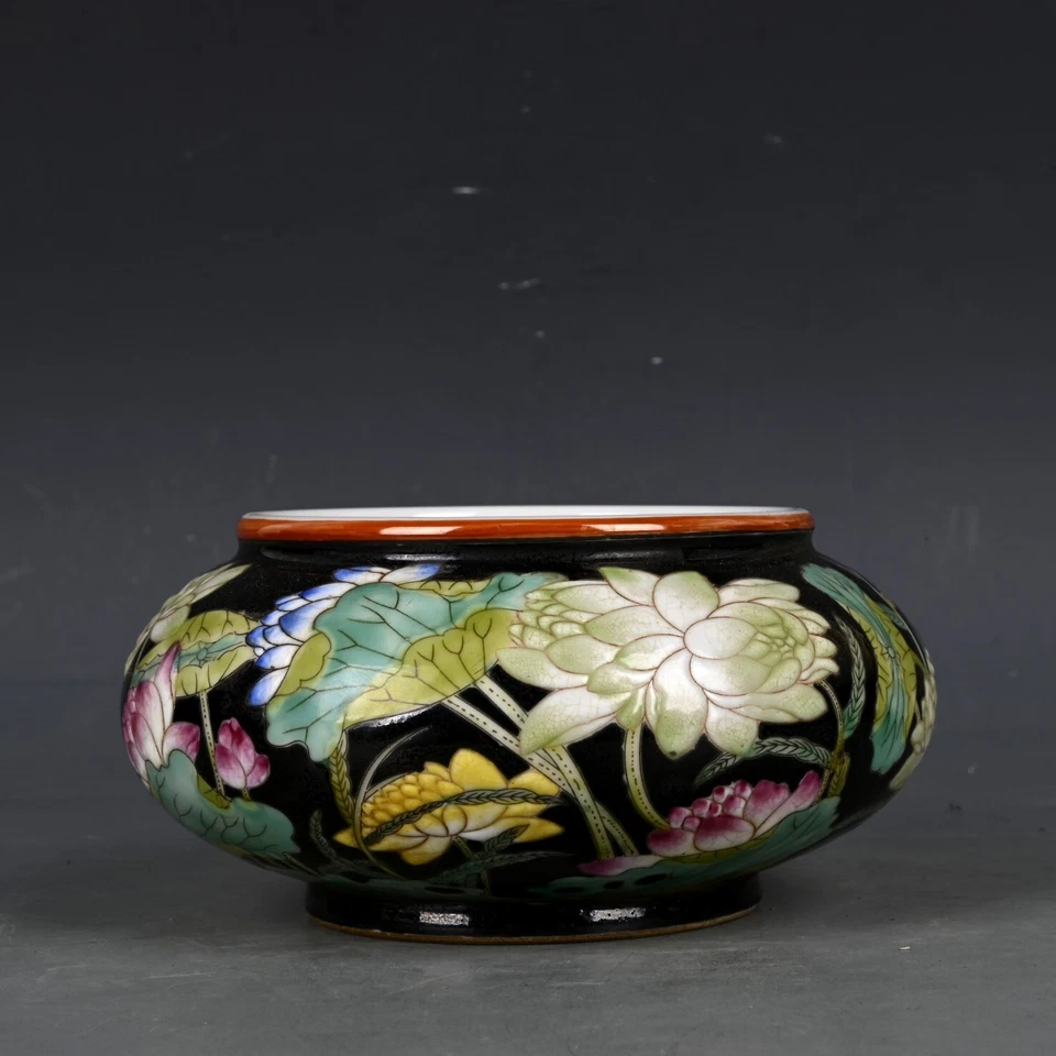 Antigua dinastía Qing china de 5,2" Kangxi patrón de flores esmaltadas negras lavado a pluma Foto 3 de 4