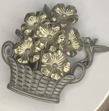 Vintage Torino Pewter Hummingbird Floral Bird Flower Basket Jewelry Brooch Pin