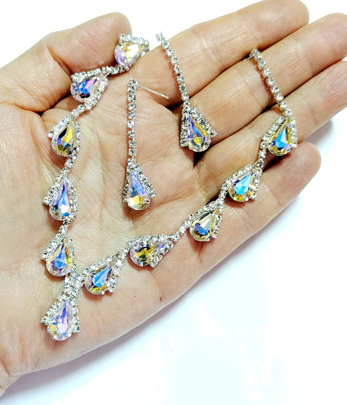 Pink AB Crystal Choker Rhinestone Necklace Earring Set Bridal Prom