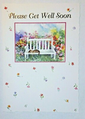 1 Get Well Greeting Card/Envelope Bench Cat Flowers Illness Sincere Loving Hope