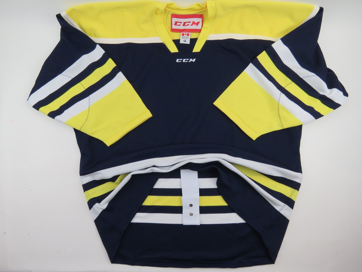CCM Sample Authentic Fight Strap Blue Yellow Pro Stock Hockey Jersey 56 MiC
