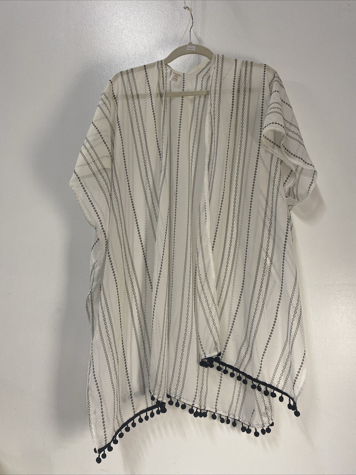 Swimsuit Cover Up Sheer White With Black & Black Pom Pom Tassel One Size-image
