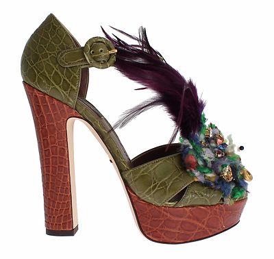 DOLCE & GABBANA Shoes Green Leather Crystal Platform Sandal EU40/US9.5 RRP $3800