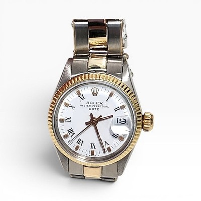 Rolex Ladies Date 26 mm Two Tone Oyster White Roman Watch 6519 Circa 1967