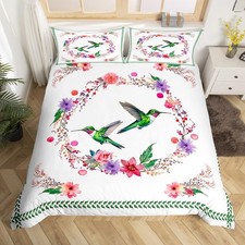 Girls Hummingbird Bedding Duvet Cover Set Twin Size Kids Cute Bird Floral Bed...