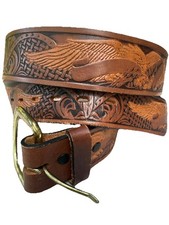 Vintage Leather Belt Mens 38 Brown Hand Tooled Flying Eagle Western Brass Buckle