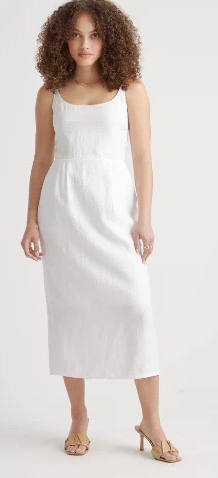 Quince 100% European Linen Midi Dress White XS Straps Pleated Scoop Neck Lined