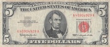1963 Five Dollar Red Seal Note Old US Bill $5