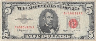 1963 Five Dollar Red Seal Note Old US Bill $5