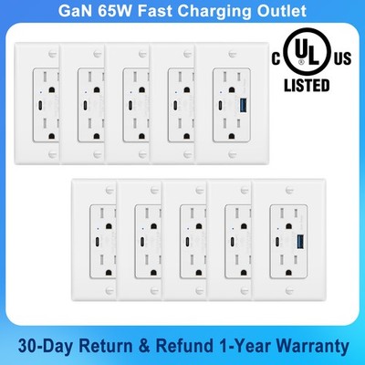 6.5A USB Type C Wall Outlet 15Amp TR Receptacle 65W Power Delivery w/Plate 10PCS