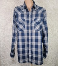 ELY CATTLEMAN Shirt Long Sleeve Size M Pearl Snap Western Cowboy Blue Plaid W