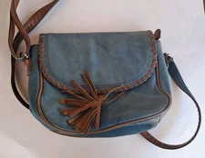 ili New York Genuine Leather Crossbody Purse Turquoise Tan Tassel Bold Stitch 