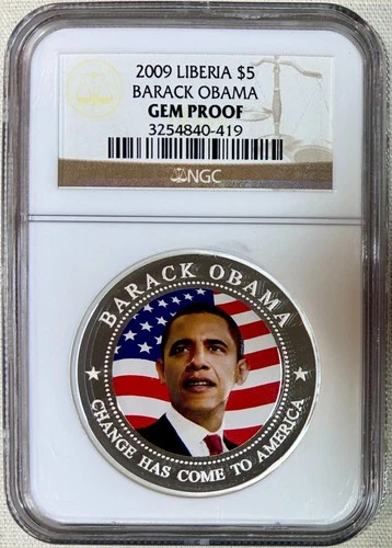 2009 Gem Proof Liberia Five Dollars, Silver Plated, Barack Obama, NGC Slabbed