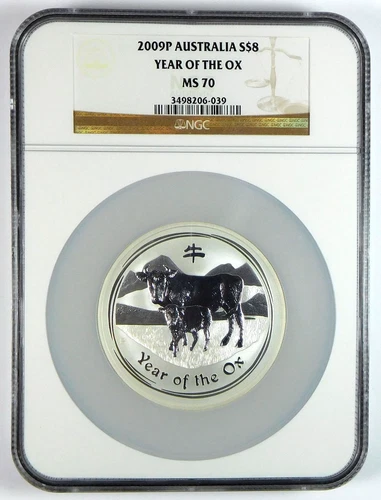 2009 $8 Australian Lunar - Year of the Ox 5 Oz .999 Fine Silver Coin - NGC MS 70