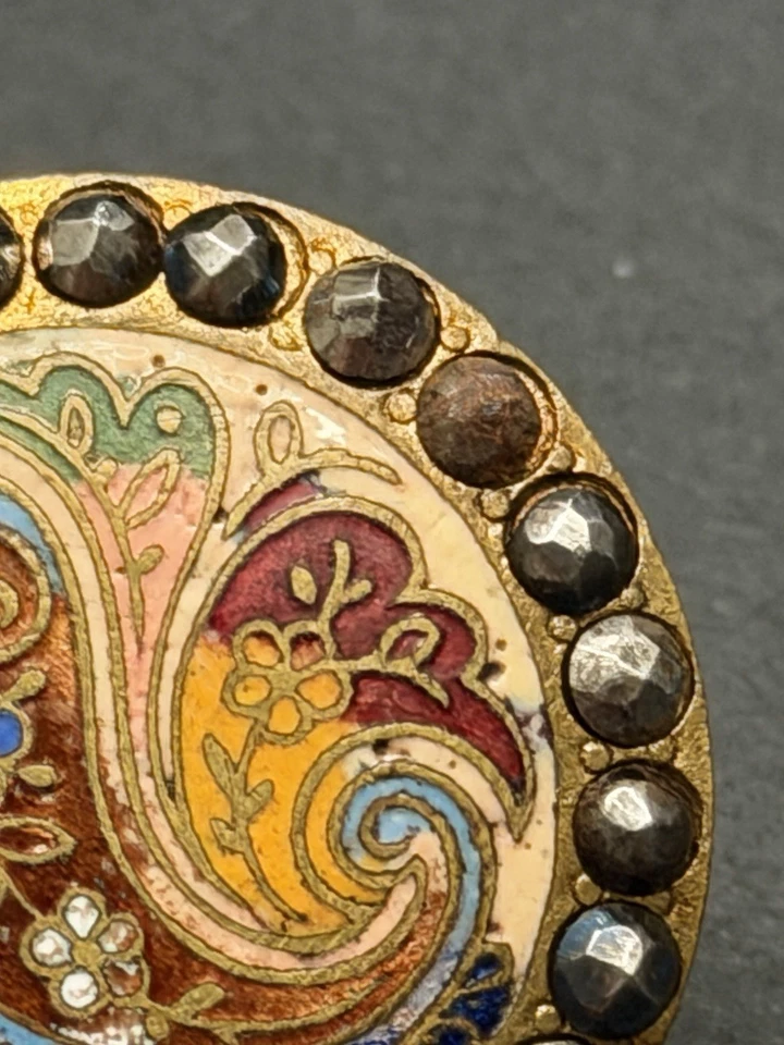 Vintage PAISLEY & FLORAL Enamel Button w/Cut Steels - 1-1/8" (Y7) - Image 2 of 4