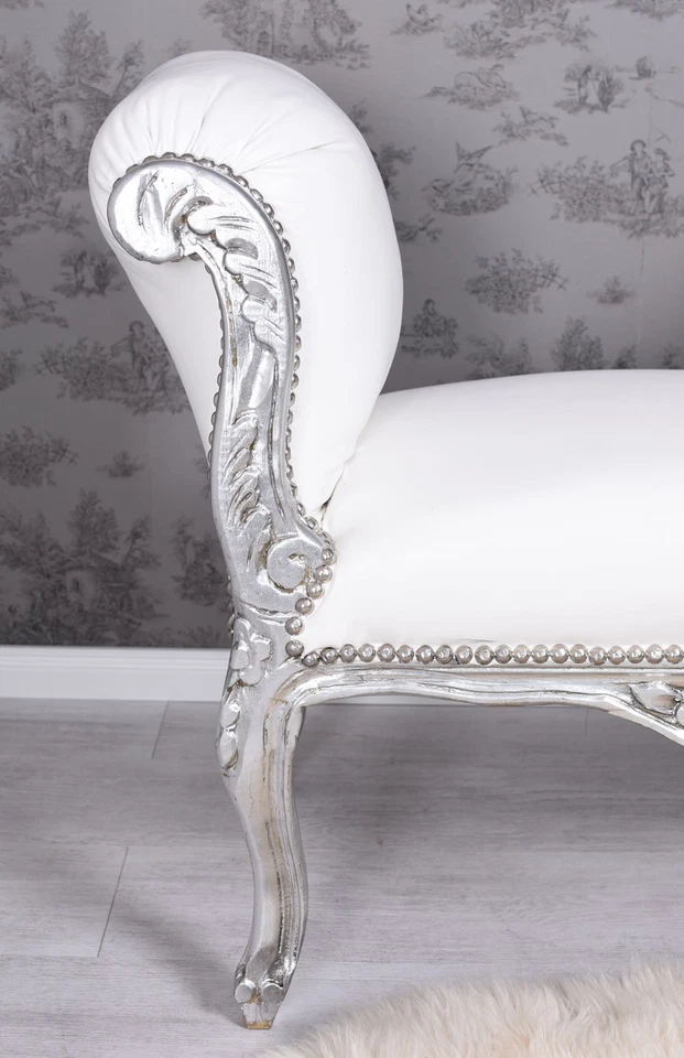 Sitzbank Weiss Silber Sofa Barock Sitzhocker Polsterhocker Antik Chaiselongue - Bild 4 von 4