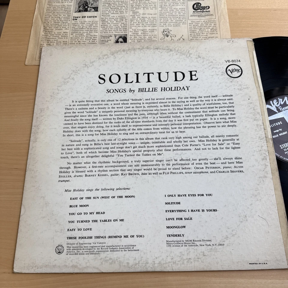 1970s BILLIE HOLIDAY Solitude LP Vinyl US Press Verve Complete W/OG Sleeve! - Image 2 of 4