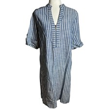 Anne Klein Blue Striped Womens Nautical Summer Tunic Shift Dress Size 14 Cotton