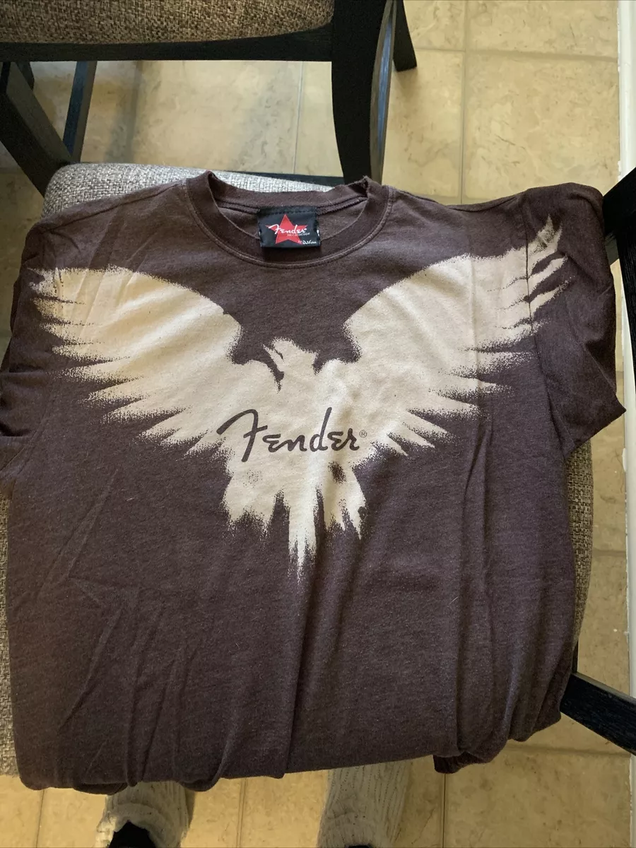 Vintage Fender Guitar T Shirt Graffiti Style Bird Logo size Small Brown