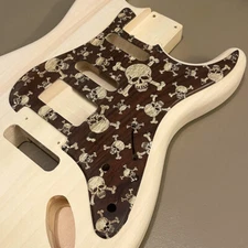 Guitar Part - WOOD BURNED PICKGUARD - Skull Bones For Fender Strat Rosewood HSS