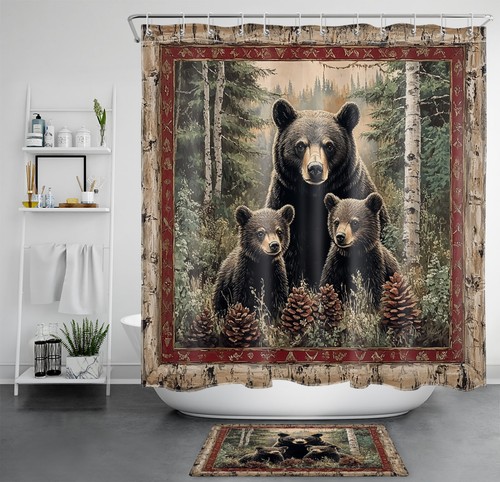 Green Woodland Wild Animal Black Bear Shower Curtain Bathroom Accessories Set - Picture 20 of 23