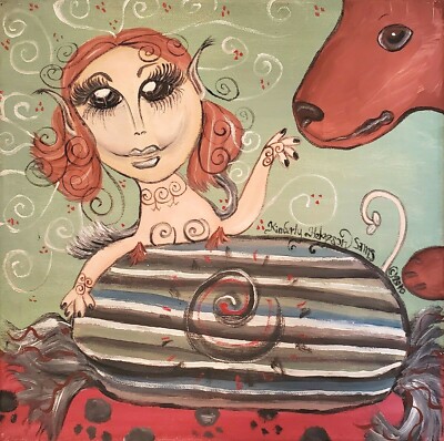 DOG DISCOVERS FAERY Collectible ACEO Art Print 2.5 x 3.5 Signed Artist Fairy
