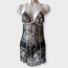 Ann Summers Lace Slip Chemise  Panties Set, Size 8-10 UK/ S US, Black Gold