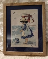 Girl at the Beach Finished Framed Cross Stitch Counted
