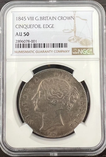 Great Britain 1845 Silver Crown Cinquefoil Edge NGC AU-50