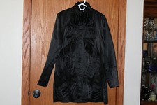 Anthropologie Ryu Fitted Shapely Boho Long Jacket Black Satin Ruffles Size L