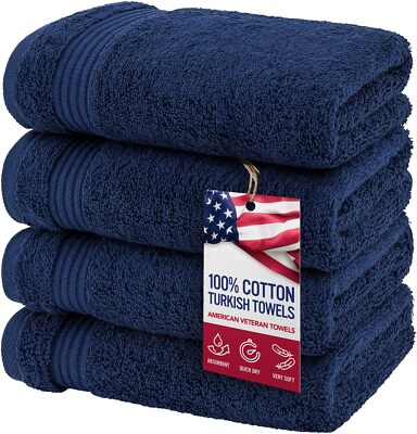 Hand Towels for Bathroom Set of 4, 100% Cotton 4 Pack, Navy Blue 