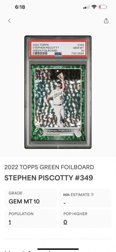 2022 年 Topps 棒球绿色 FIL-BOARD STEPHEN PISCOTTY 268/499 OAKLAND PSA 10🔥🔥 — 第 4/4 张图片