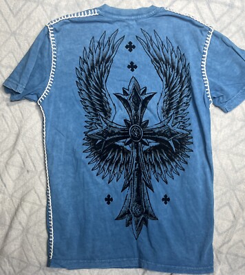 Raw State Affliction Style Shirt Blue Graphic Cross Crucifix Wings Mens Med