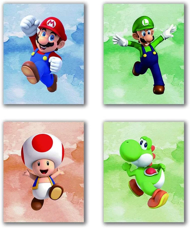 Art Prints Toad Super Mario Prints Wall Art Set of 4 Pieces (8”X10”Canvas  Pictur