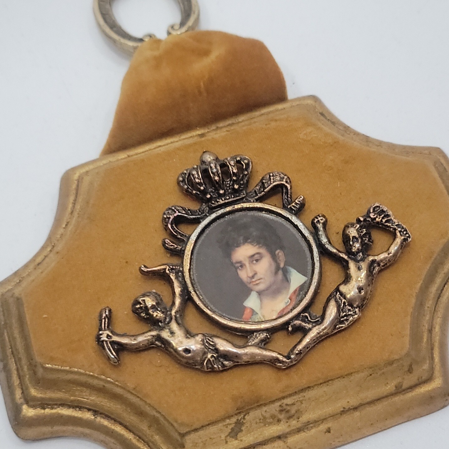 MCM Jaru Plaster & Gold Velvet Art Plaque With Cupids & Portrait Medallion