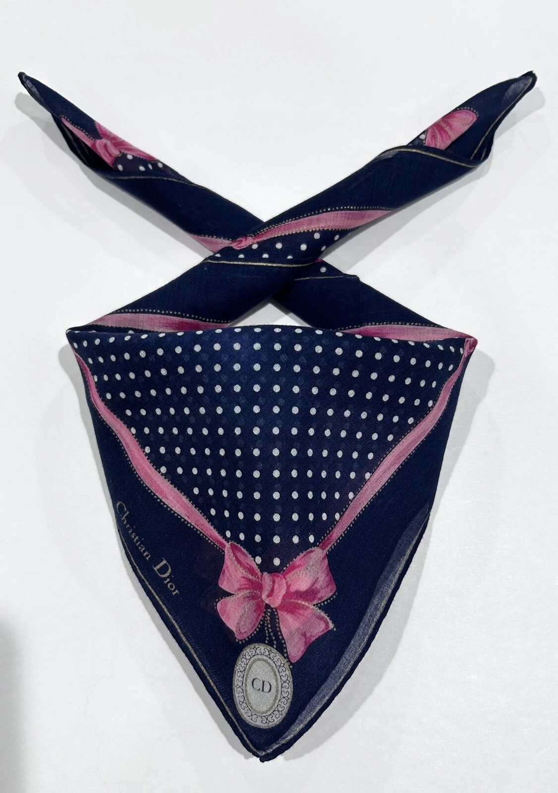 MOUCHOIR FEMME CHRISTIAN DIOR bleu à pois nœud POCHE COTON CARRÉ 18”