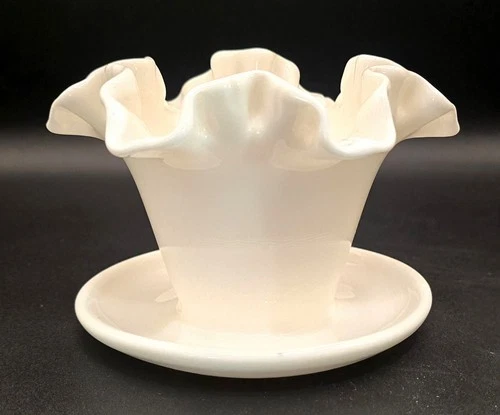 HTF Fenton MCM Milk Glass Planter 4" FLOWER POT w/Attached Saucer & Drain Hole