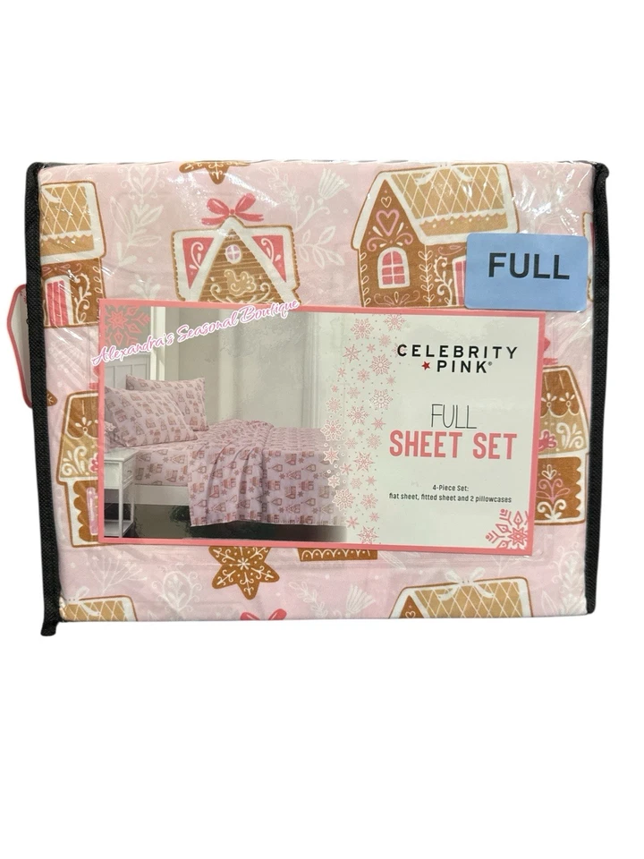 Full Sheet Set 4 PC Christmas Pink Gingerbread House Ribbon Hearts New - Image 2 of 4