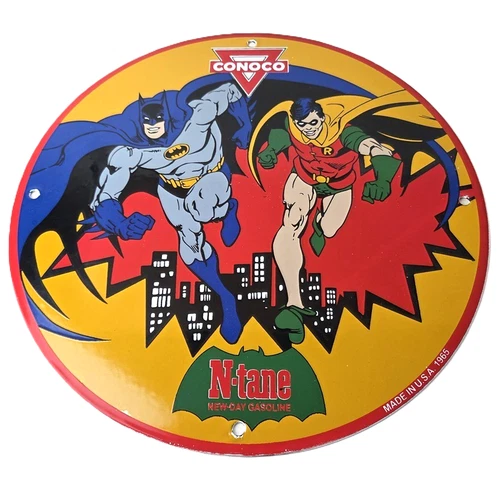 Vintage Conoco Gasoline Porcelain Sign - Batman Robin N-Tane Comic Gas Pump Sign
