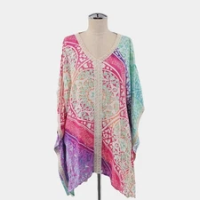 Chicos Medallion Poncho Top Womens Size M Kaleidoscope Tunic Boho V Neck Flowy