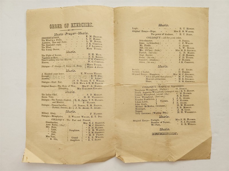 1856 antique WETHERSFIELD ACADEMY wethersfield ct EXHIBITION program