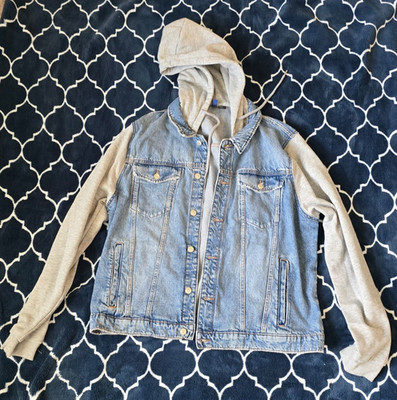 H&M Divided Women s XXL Button Up Jean Jacket With Gray Sweat Sleeves & Hood