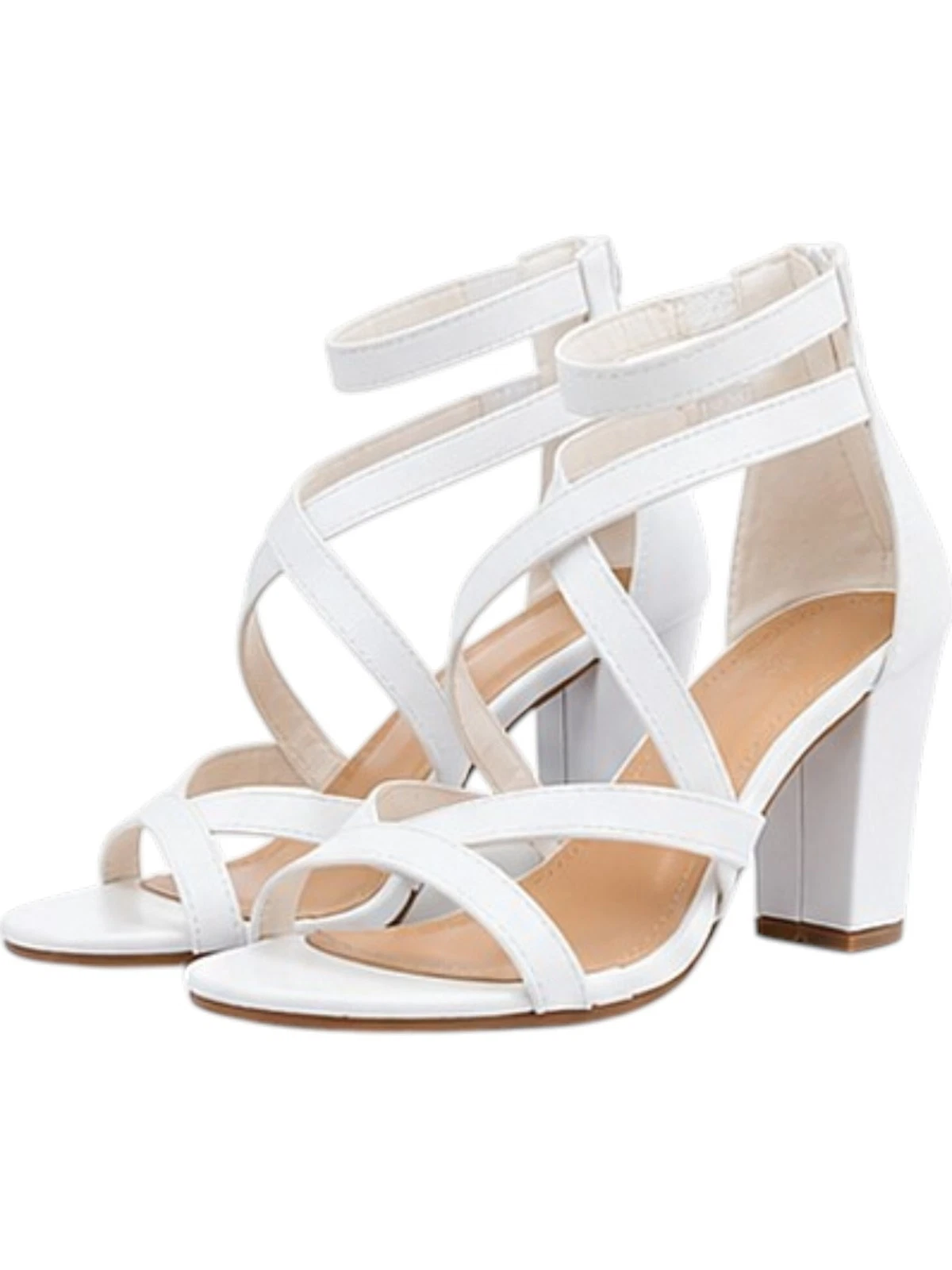 Women’s White PU Strappy Block Heel Sandals Ankle Strap Open Toe Dress Heels