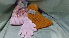 GIRLS' PINK  YELLOW WINTER ACCESSORY SET - 3 PIECES - BEANIE  GLOVES