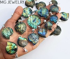 10 Pcs Lot Ammonite Shape Labradorite Gemstone Silver Plated Pendants MFB1143